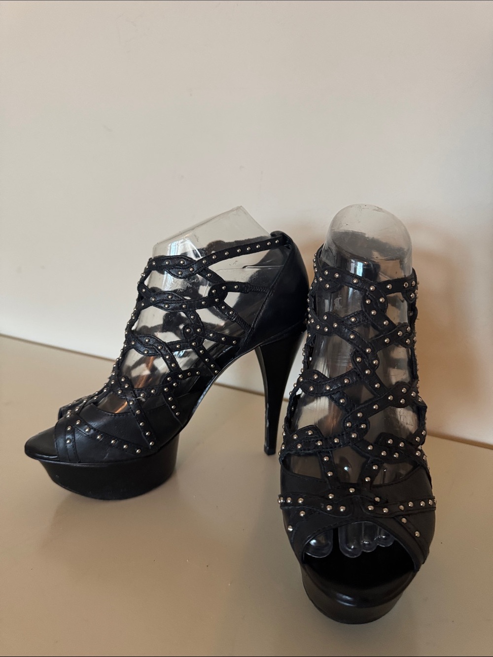 BCBGeneration Black Leather Silver Studded Strappy Peep-Toe Platform Heels